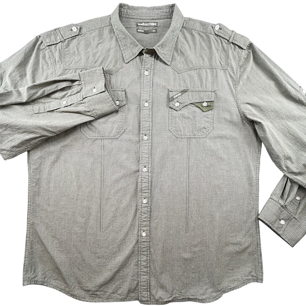 ECKO Unltd Button Up Shirt Men 3XL Green Micro Plaid L/S Epaulets Casual Streetw